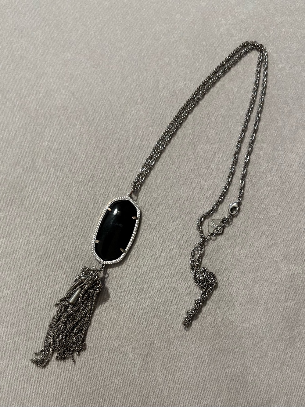 Kendra Scott Silver Chain Necklace with Black Oval Pendant and Tassel